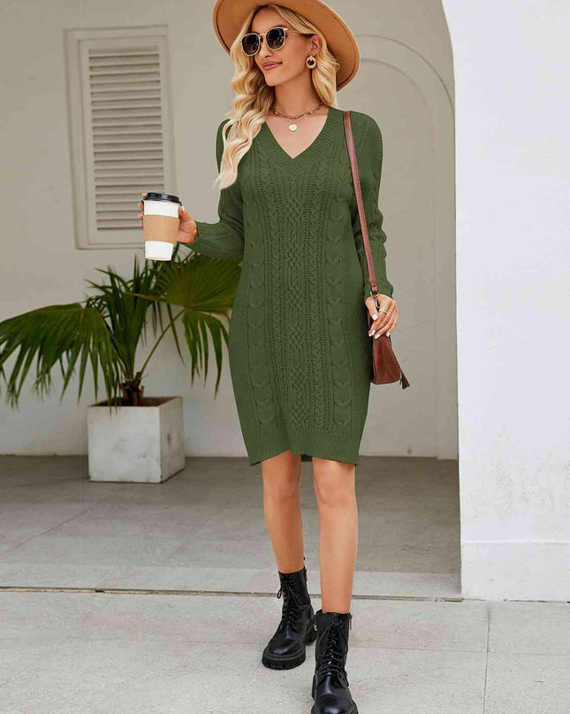 Cable-Knit V-Neck Mini Sweater Dress
