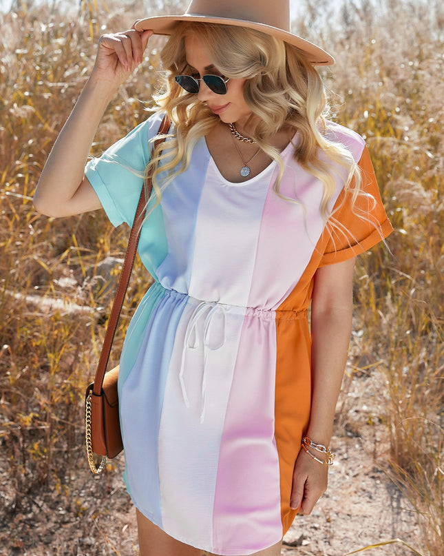 Multicolored Drawstring Waist V-Neck Dress