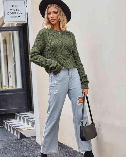 Cable-Knit Round Neck Dropped Shoulder Sweater