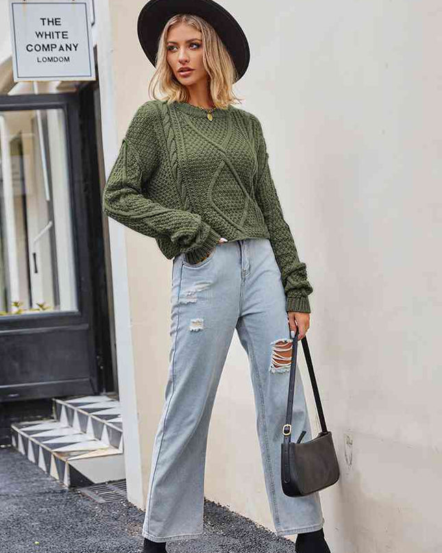 Cable-Knit Round Neck Dropped Shoulder Sweater