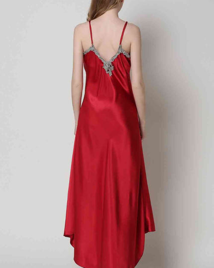 Full Size Lace Trim V-Neck Spaghetti Strap Satin Night Dress