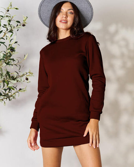 Double Take Round Neck Long Sleeve Mini Dress with Pockets