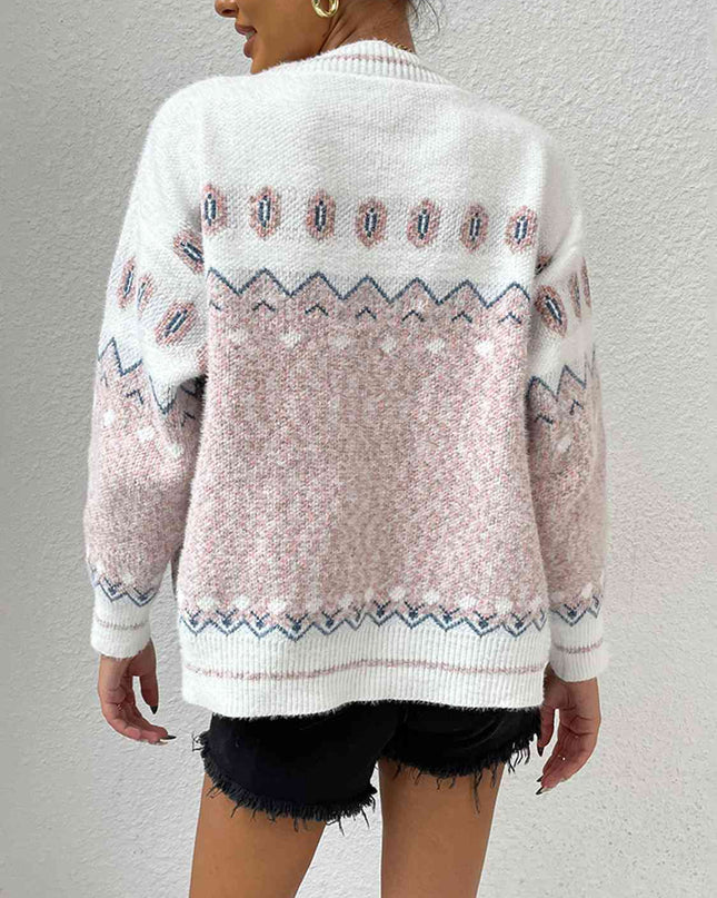 Printed Long Sleeve V-Neck Cardigan