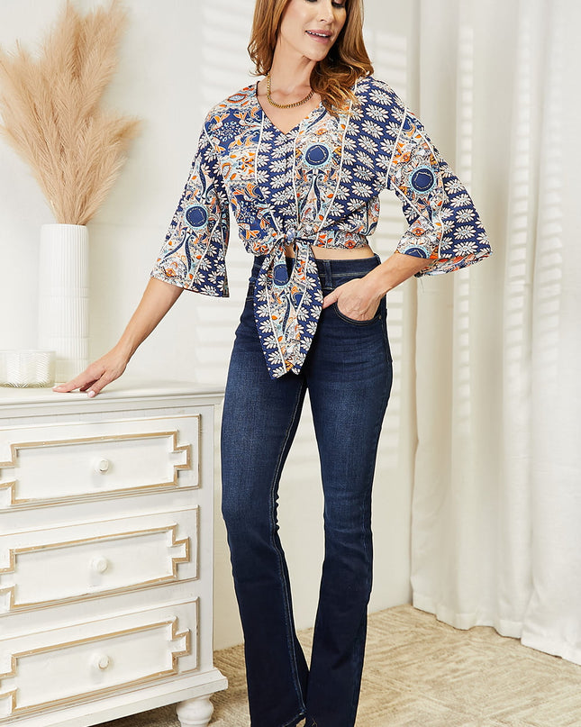 Double Take Tie Hem V-Neck Three-Quarter Sleeve Blouse