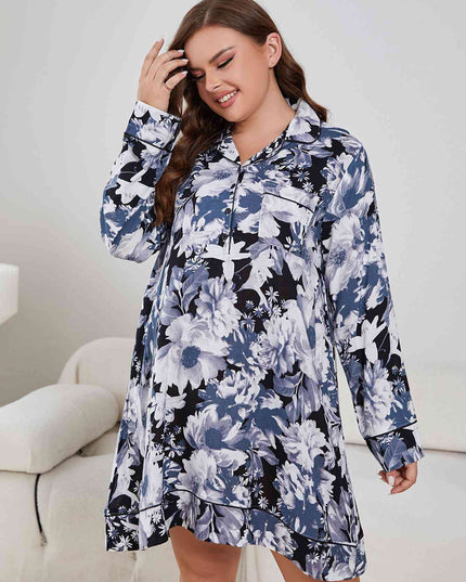 Plus Size Floral Lapel Collar Long Sleeve Night Dress