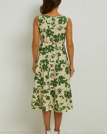 Floral Round Neck Tiered Sleeveless Dress