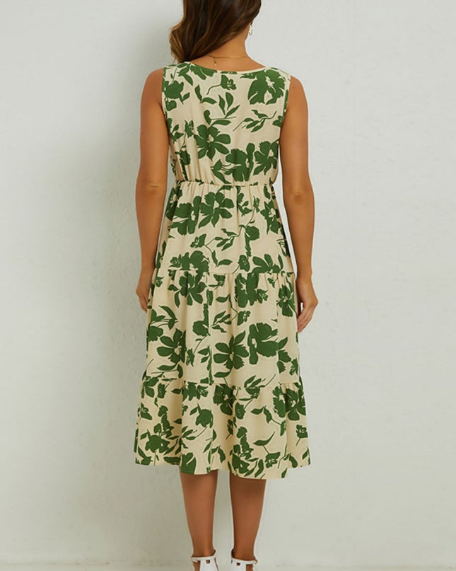 Floral Round Neck Tiered Sleeveless Dress
