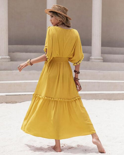 Tassel Trim Smocked V-Neck Short Sleeve Dress