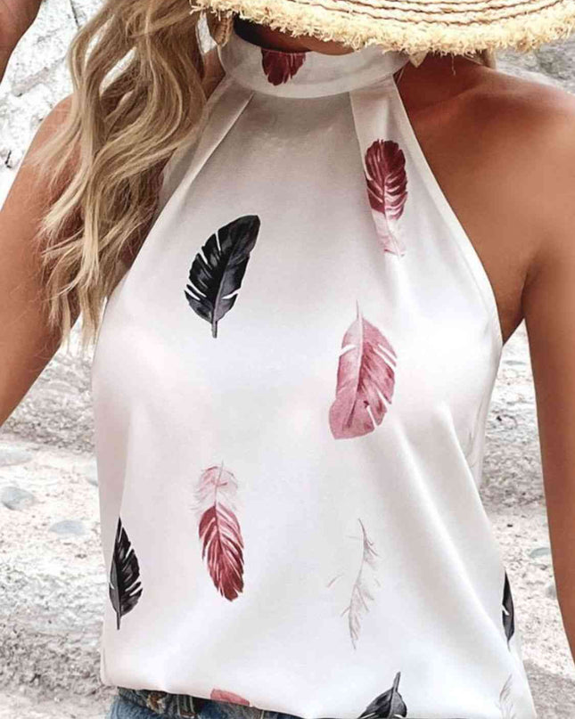 Feather Print Grecian Neck Tank
