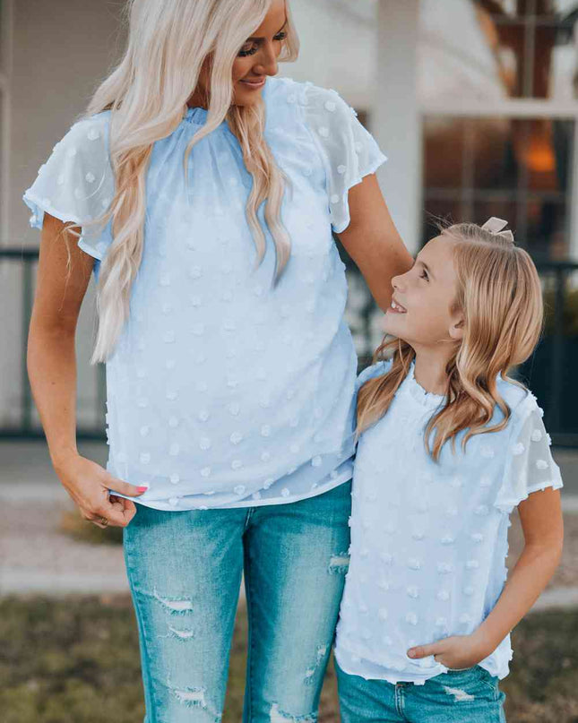 Women Swiss Dot Frill Neck Flutter Sleeve Blouse