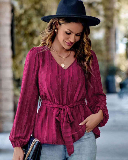 V-Neck Tie Waist Long Sleeve Blouse