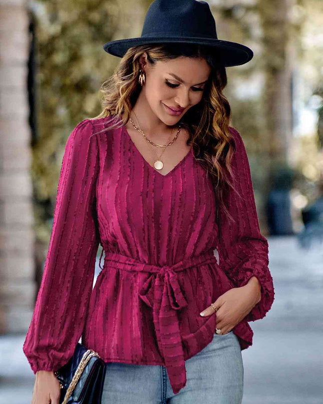 V-Neck Tie Waist Long Sleeve Blouse