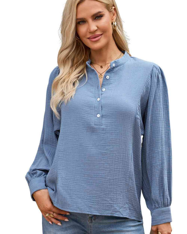 Double Take Half Button Puff Sleeve Blouse