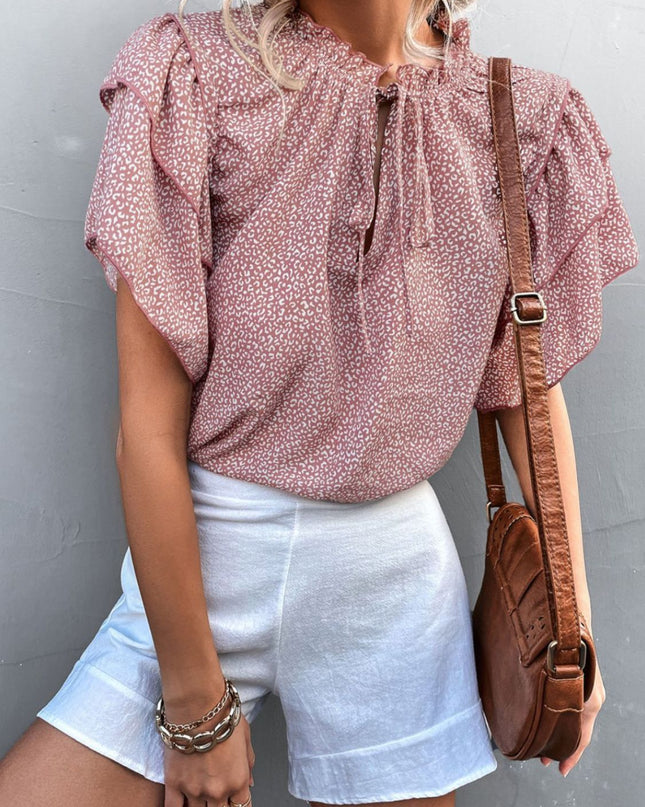 Printed Flutter Sleeve V-Neck Top