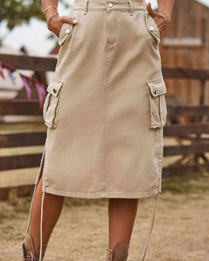 Drawstring Denim Cargo Skirt