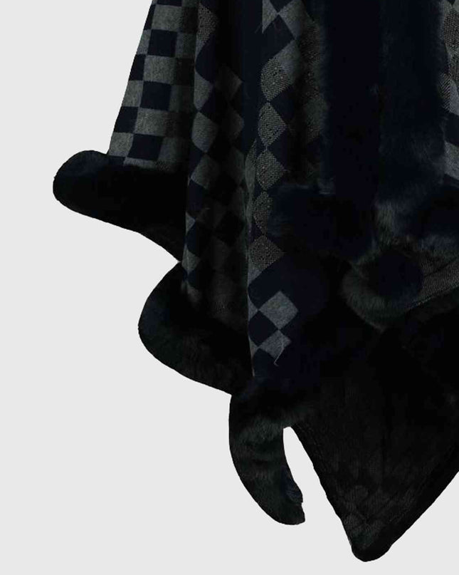 Checkered Faux Fur Trim Poncho