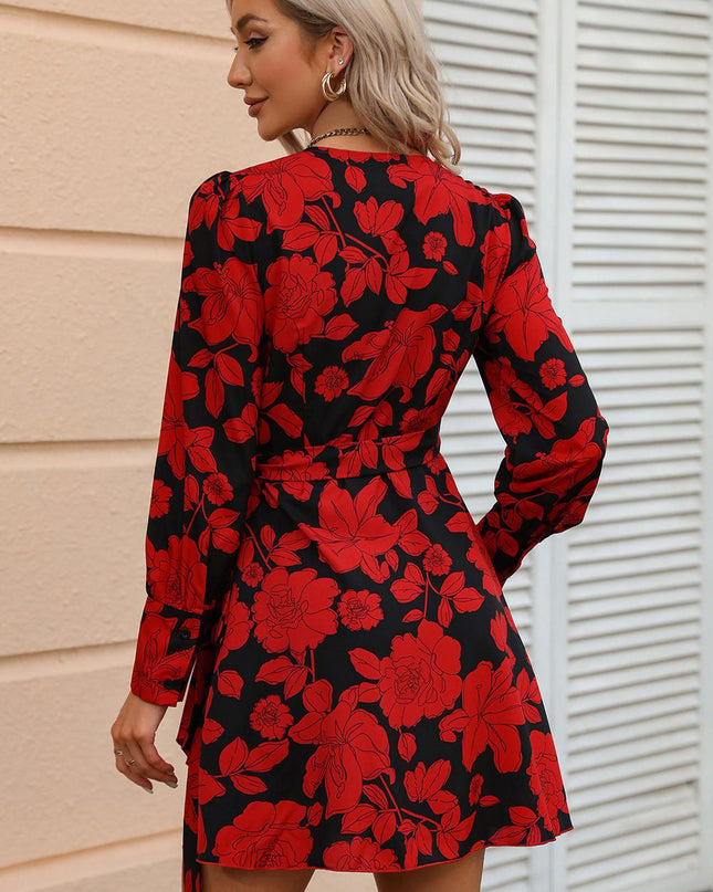 Floral Print Surplice Neck Tie Waist Dress