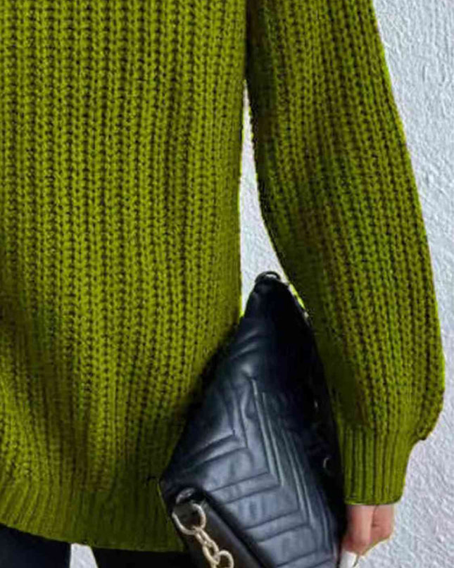 Full Size Turtleneck Rib-Knit Slit Sweater