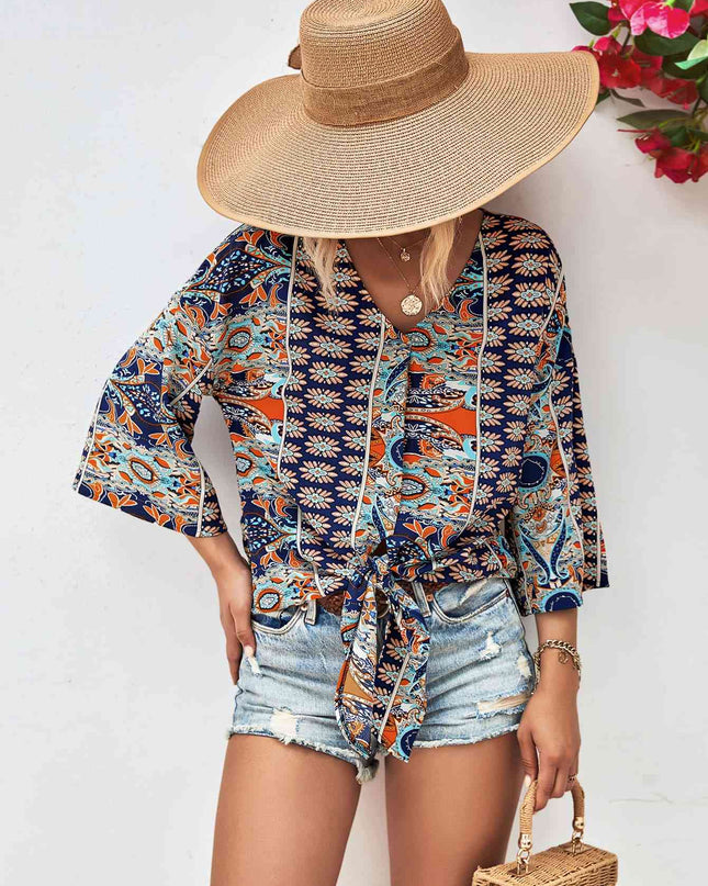 Tie Hem V-Neck Three-Quarter Sleeve Blouse