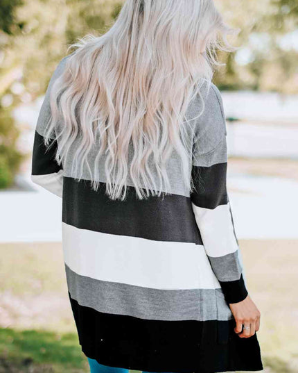 Woven Right Color Block Open Front Ribbed Cuff Cardigan with Pockets