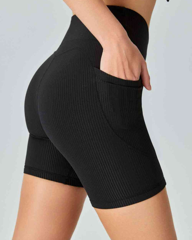 V-Waist Ribbed Sports Biker Shorts with Pockets