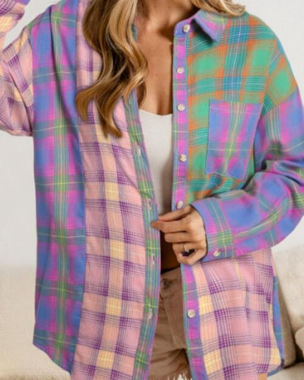 Contrast Plaid Pocketed Collared Neck Shirt