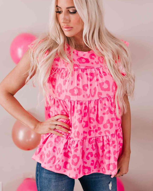 Leopard Round Neck Tiered Blouse