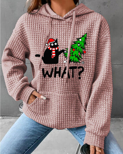 Full Size WHAT Graphic Waffle-Knit Long Sleeve Drawstring Hoodie