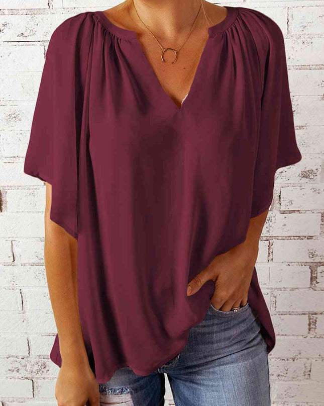 Gathered Detail Notched Neck Flutter Sleeve Top