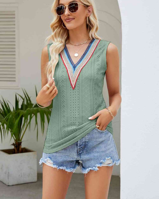 Contrast V-Neck Eyelet Tank