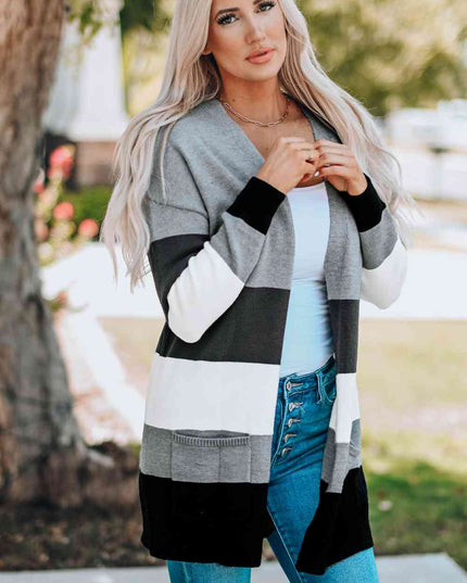 Woven Right Color Block Open Front Ribbed Cuff Cardigan with Pockets