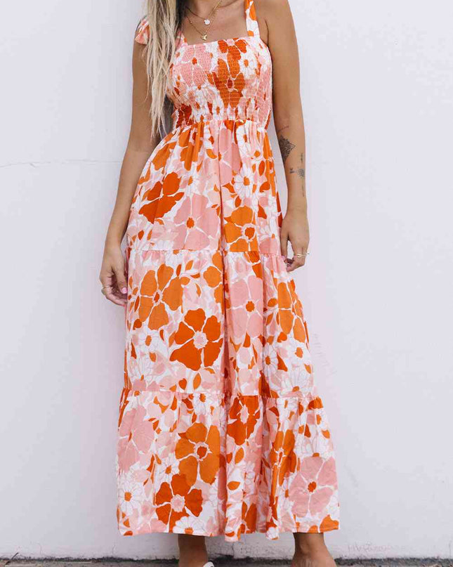 Floral Tie-Shoulder Smocked Maxi Dress