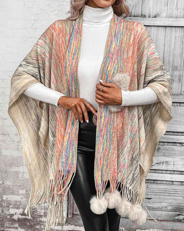 Open Front Poncho with Pom Poms