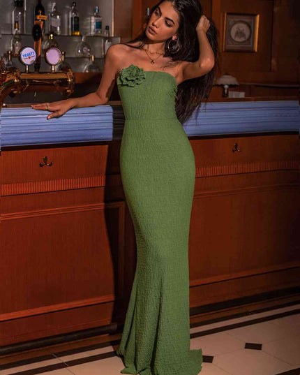 Flower Detail Strapless Slit Dress