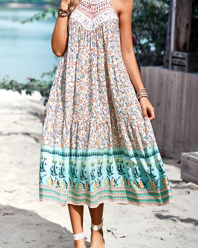 Floral Print Bohemian Style Round Neck Sleeveless Dress