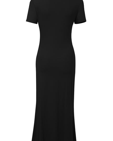 Asymmetrical Neck Short Sleeve Midi Dress