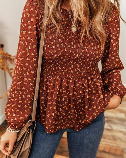 Floral Smocked Ruffle Hem Long Sleeve Blouse