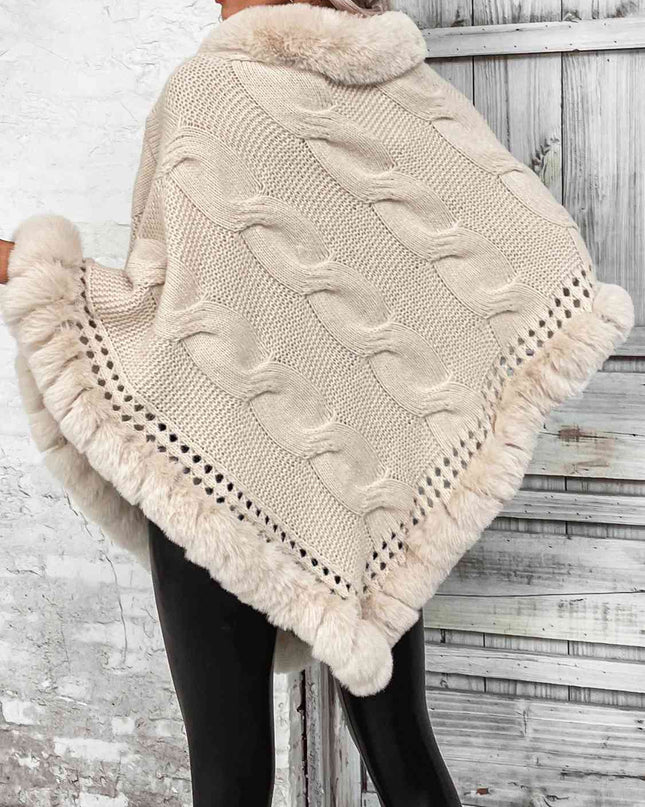 Faux Fur Trim Cable-Knit Poncho