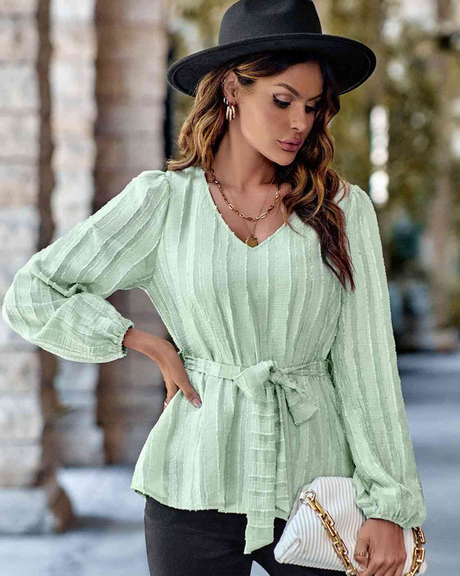 V-Neck Tie Waist Long Sleeve Blouse