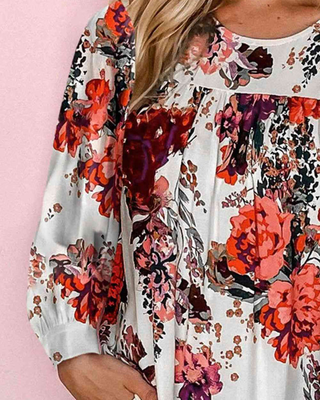 Floral Print Round Neck Long Sleeve Blouse