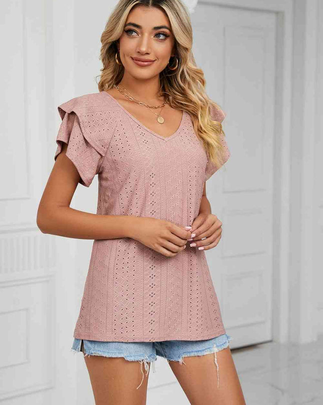 Eyelet Layered Flutter Sleeve V-Neck Knit Top