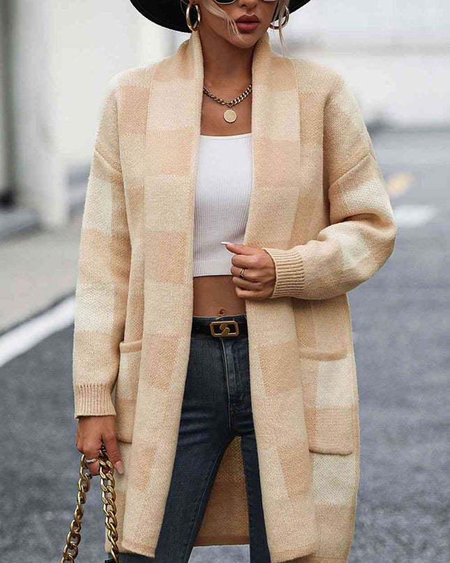 Plaid Dropped Shoulder Cardigan with Pocket