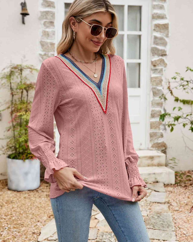 Eyelet Flounce Sleeve V-Neck Blouse