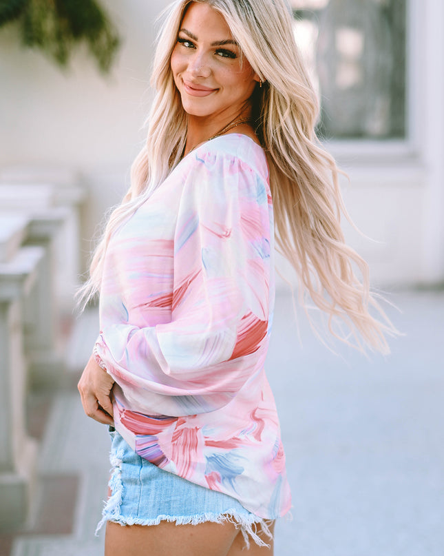 Printed V-Neck Puff Sleeve Blouse