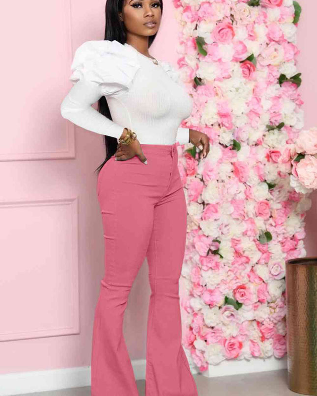Leg-Of-Mutton Sleeve Top and Flare Pants Set