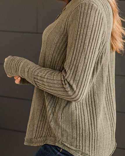Ribbed Buttoned Long Sleeve Blouse