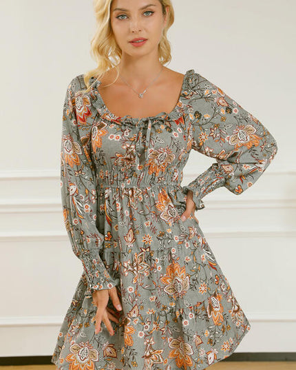 Printed Smocked Lantern Sleeve Tiered Dress