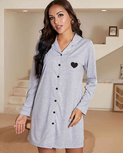 Heart Graphic Lapel Collar Long Sleeve Night Dress