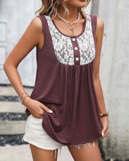 Lace Contrast Scoop Neck Tank