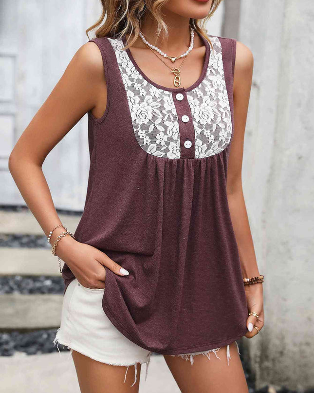 Lace Contrast Scoop Neck Tank